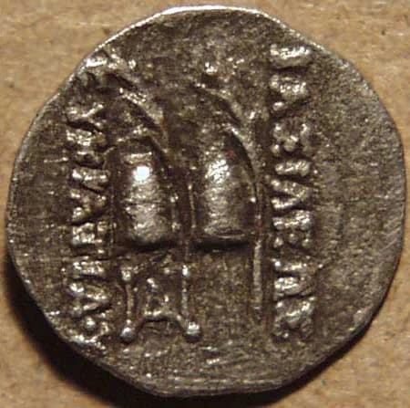 Bactria: Eucratides I, Silver hemi-obol reverse