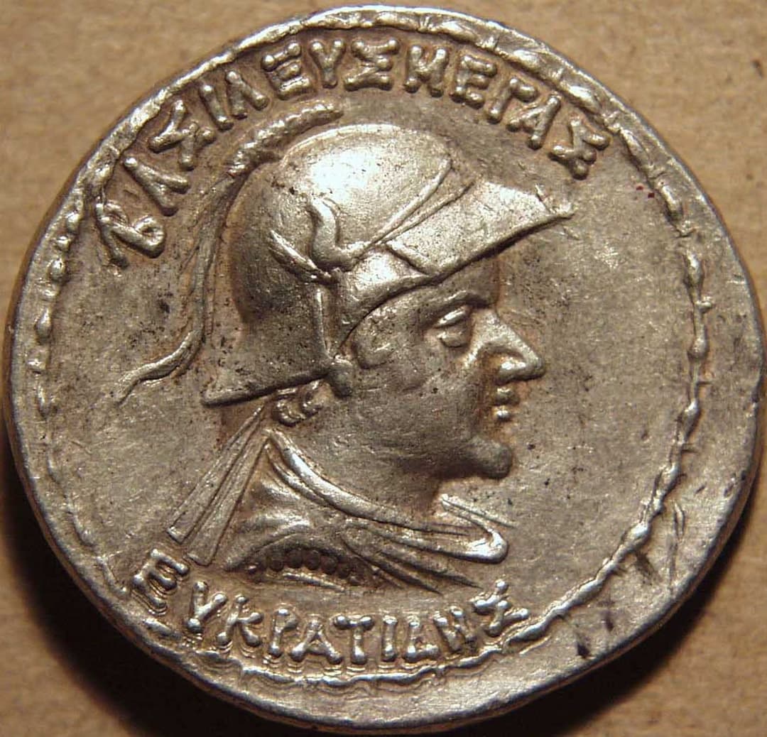 Bactria: Eucratides I, Silver tetradrachm, Pedigree spearthruster issue obverse