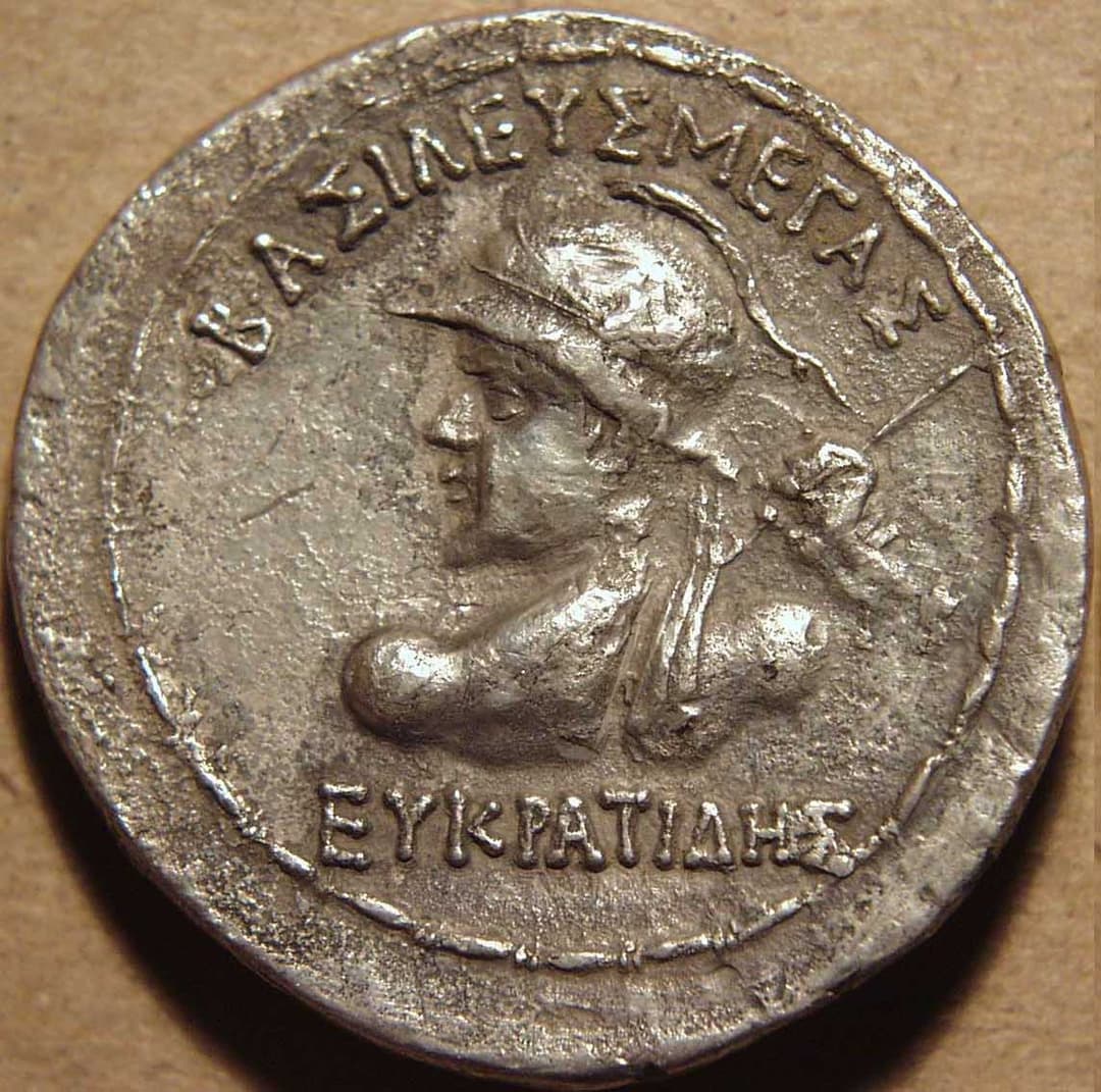 Indo-Greek: Eucratides I, Silver drachm (Indian standard) obverse
