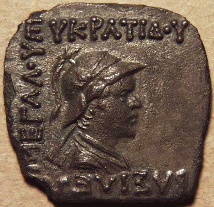 Indo-Greek: Eucratides I, AE unit - Copper obverse