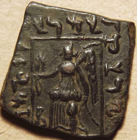 Indo-Greek: Eucratides I, AE double (Kapisa city goddess) - Copper reverse