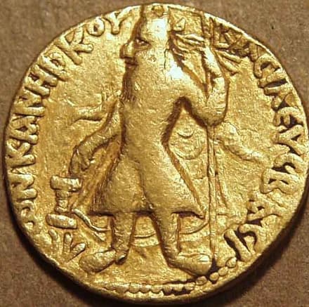 Kanishka I Gold dinar, Year One Greek issue coin