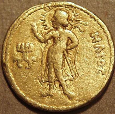 Kanishka I Gold dinar, Year One Greek issue reverse thumbnail