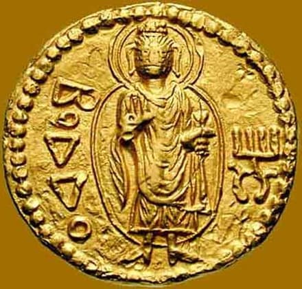 Kanishka I Gold dinar, Buddha reverse
