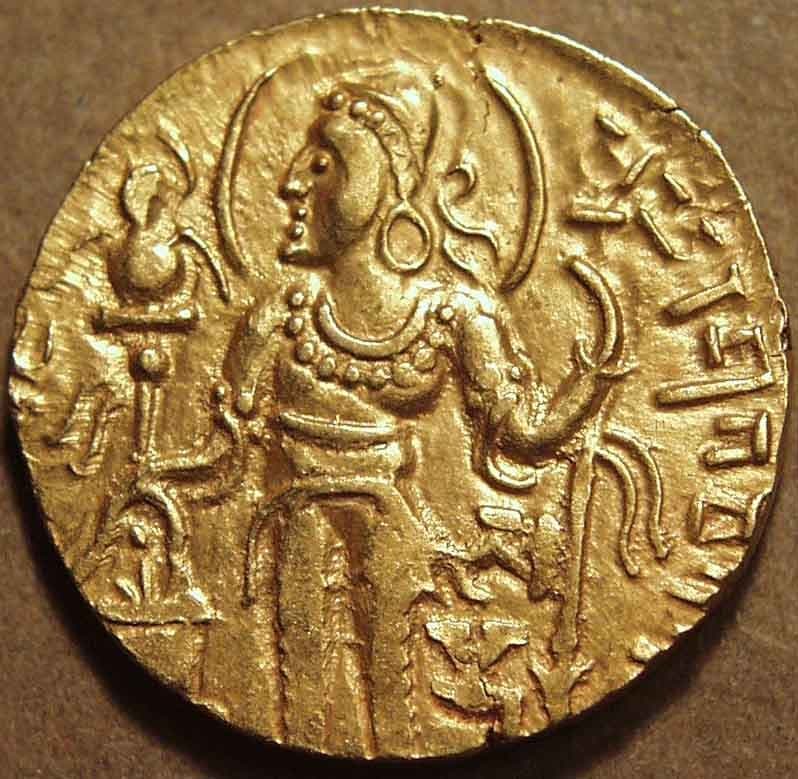 Samudragupta Gold dinar, King and Queen type obverse