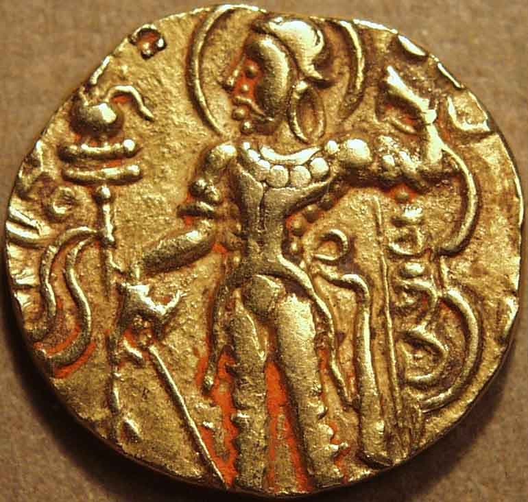 Chandragupta II Gold dinar, Sceptre type obverse