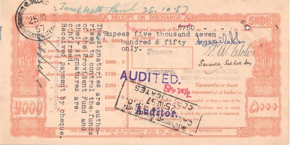 5000 Rupees (Post Office 5 Year National Savings Certificate) 1948 reverse