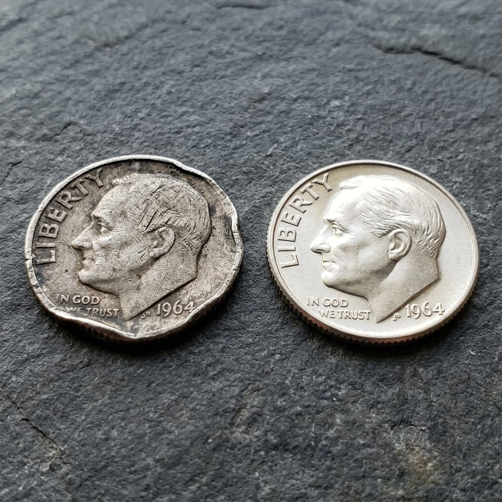 Comparison of damaged coin surfaces showing scratches and dents against genuine mint errors