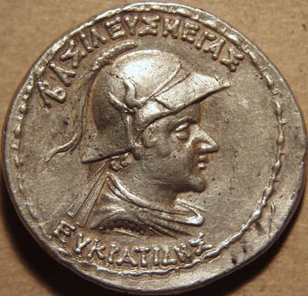 Bactria: Eucratides I, Silver tetradrachm, Pedigree spearthruster issue obverse