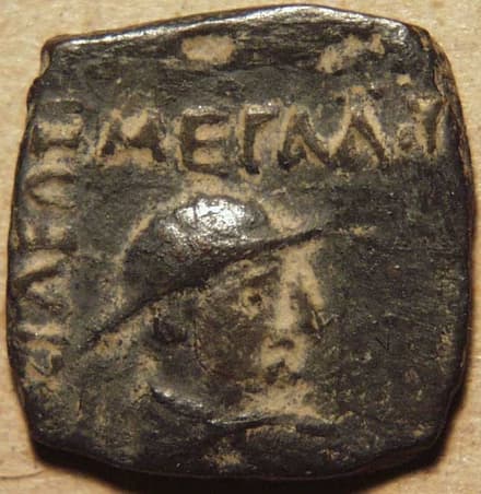 Indo-Greek: Eucratides I, AE double (Nike reverse) - Copper obverse