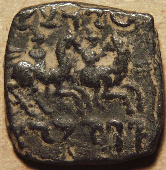 Indo-Greek: Eucratides I, AE double (Nike reverse) - Copper reverse