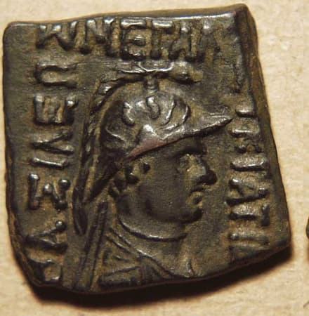 Indo-Greek: Eucratides I, AE double (Kapisa city goddess) - Copper obverse