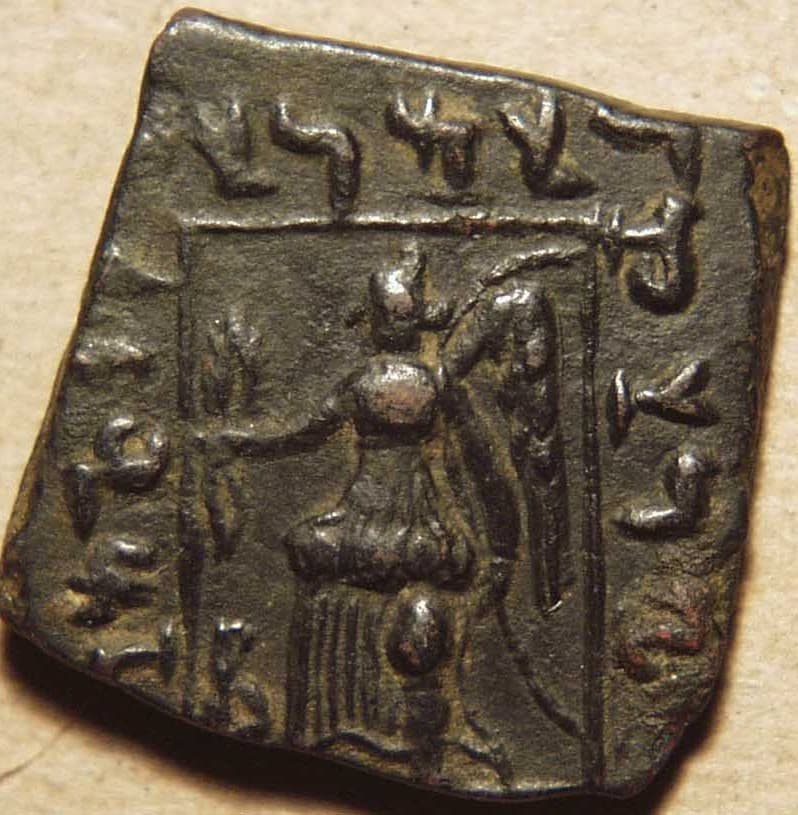 Indo-Greek: Eucratides I, AE double (Kapisa city goddess) - Copper reverse