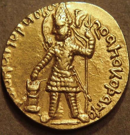 Vasudeva I Gold dinar, early Oesho obverse