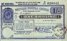 1 Shilling (Postal Order) (India Overprint) 1934 front