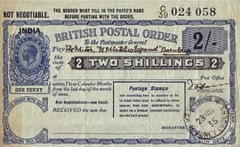 2 Shillings (Postal Order) (India Overprint) 1935 front