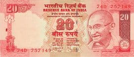 20 Rupees (Dated Reverse, no Rupee Symbol) 2006-2012 front