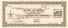1000 - Rupees Speciman Travelers Cheque BANK of INDIA ND front
