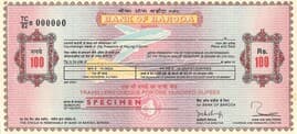 100 Rupees - Specimen Traveller's Cheque - Bank of Baroda 1982 front