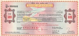 500 Rupees - Specimen Traveller's Cheque - Bank of Baroda 1982 front