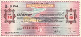 1000 Rupees - Specimen Traveller's Cheque - Bank of Baroda 1982 front