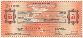 100 Rupees - Specimen Traveller's Cheque - Bank of Baroda 1983 front
