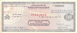 500 Rupee Specimen Travellers Cheque Indian Overseas Bank ND front