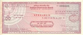 1000 Rupee Specimen Travellers Cheque Indian Overseas Bank ND front