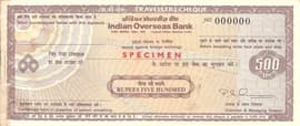 500 Rupee Specimen Travellers Cheque (External Issue) Indian Overseas Bank ND front