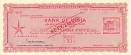 50 Rupees - Specimen Travelers Cheque - Bank of India ND front