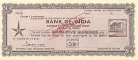 500 - Rupees Specimen Travelers Cheque - Bank of India ND front