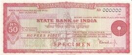 50 - Rupees Specimen Travellers Cheque State Bank of India (Calcutta) 1979 front
