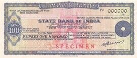 100 Rupees - Specimen Travellers Cheque State Bank of India (Calcutta) YJ Series 1979 front
