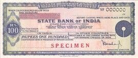 100 Rupees - Specimen Travellers Cheque State Bank of India (Calcutta) YF Series 1979 front