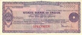 500 Rupees - Specimen Travellers Cheque State Bank of India (Calcutta) 1979 front