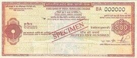 500 - Rupees Specimen Travellers Cheque External Issue State Bank of India (Bombay) ND front