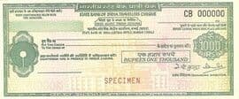 1000 - Rupees Specimen Travellers Cheque External Issue State Bank of India (Bombay) ND front