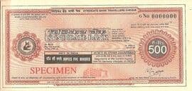 500 - Rupees Specimen Travellers Cheque SYNDICATE BANK ND front