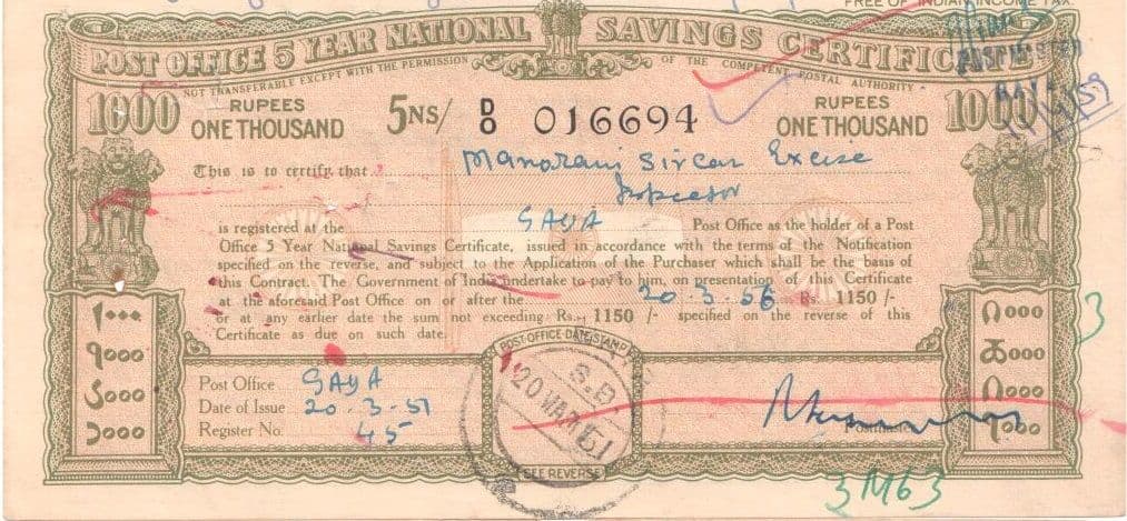 1000 Rupees (Post Office 5 Year National Savings Certificate) 1948 front