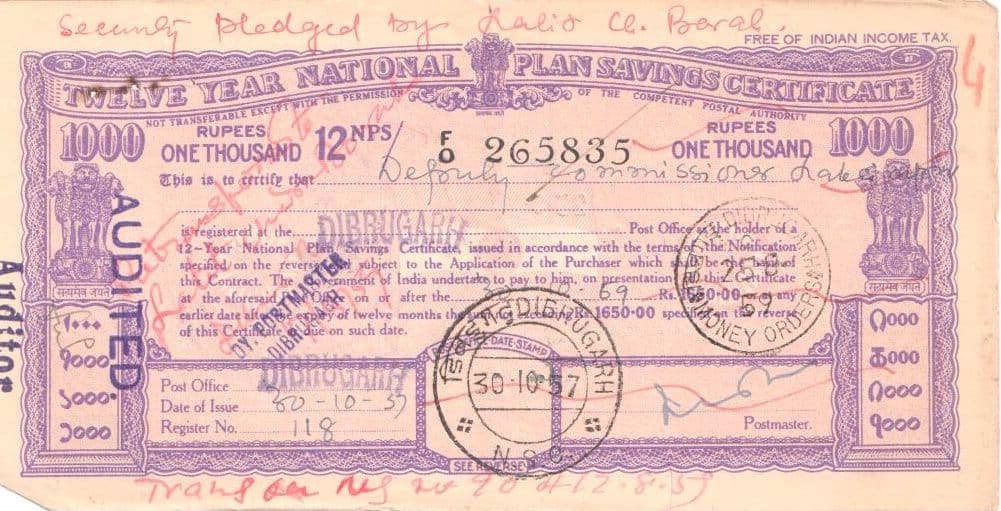 1000 Rupees (Twelve Year National Plan Certificate) 1957 front