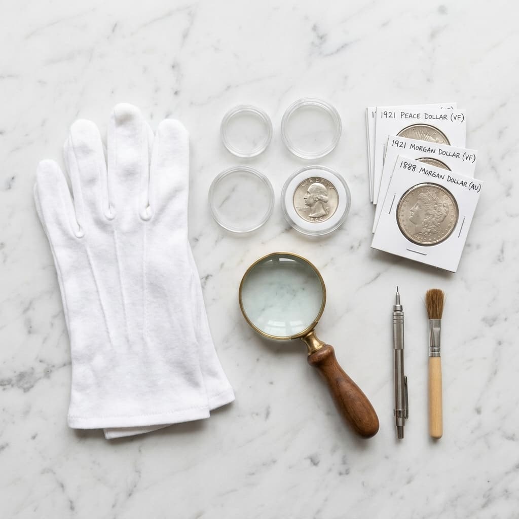 A top-down aesthetic flatlay of coin conservation tools