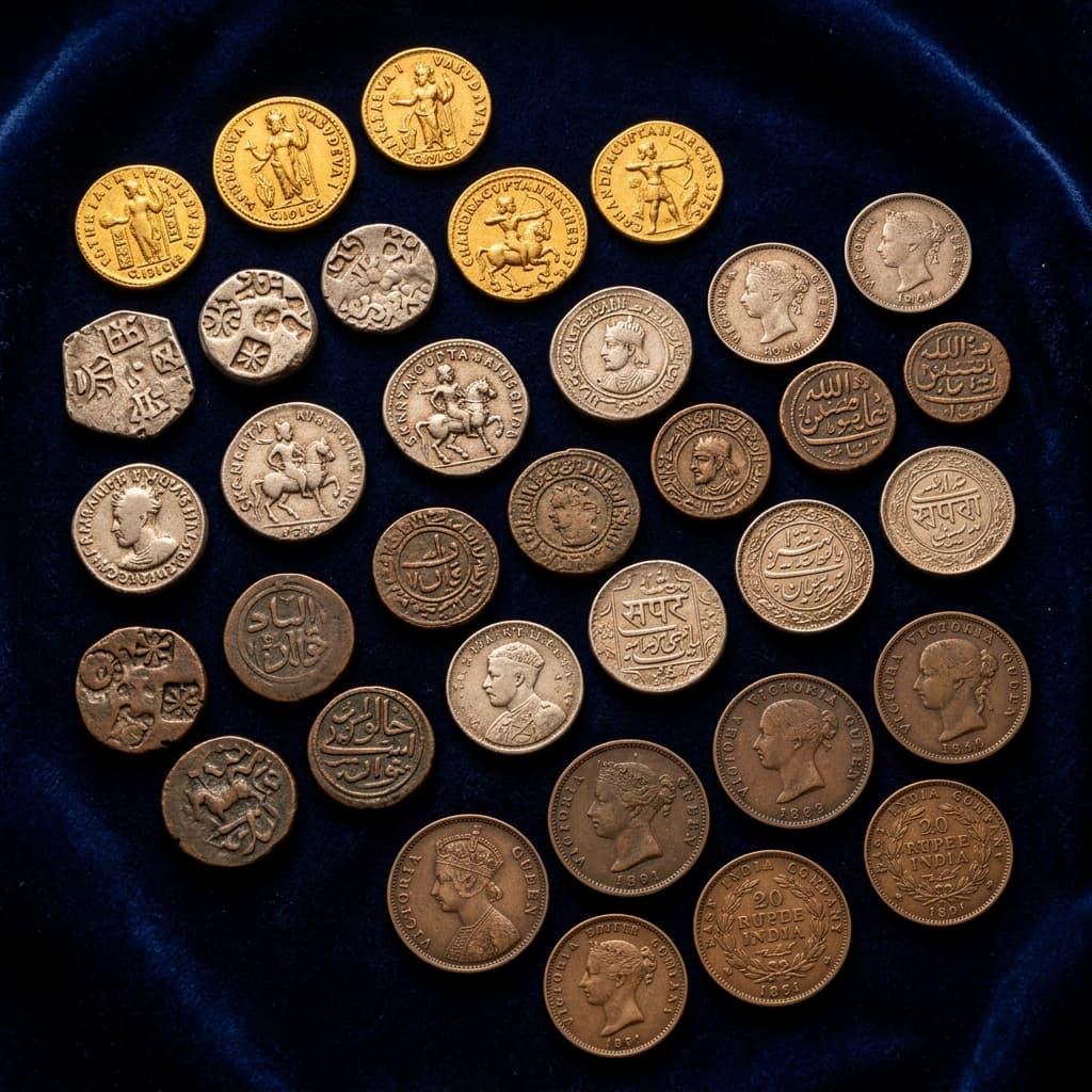 Historical coins of India spanning ancient, medieval, and colonial eras