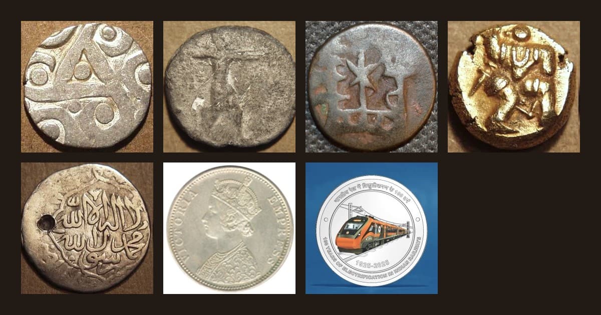 Indian coin history timeline showing ancient, medieval, Mughal, British India and Republic India coins