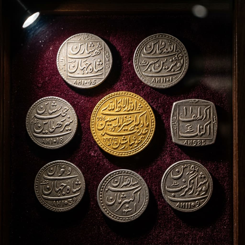 Silver Mughal Rupee coin featuring elegant Persian script inscriptions