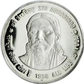 100 Rupees - Sri Aurobindo, Silver Coin reverse