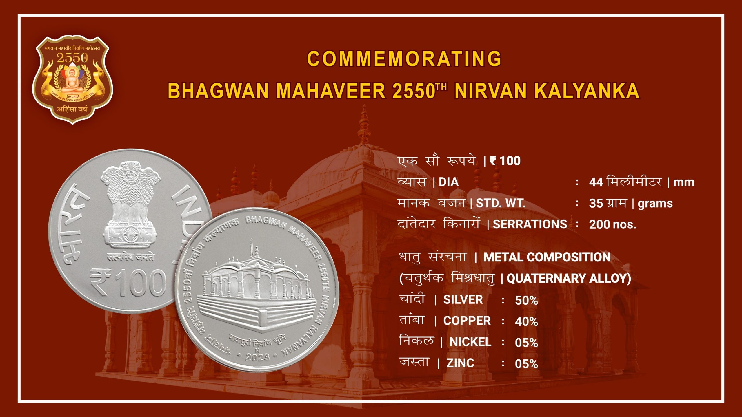 100 Rupees - Bhagwan Mahavir Janm Kalyanak, Silver Coin thumbnail 4