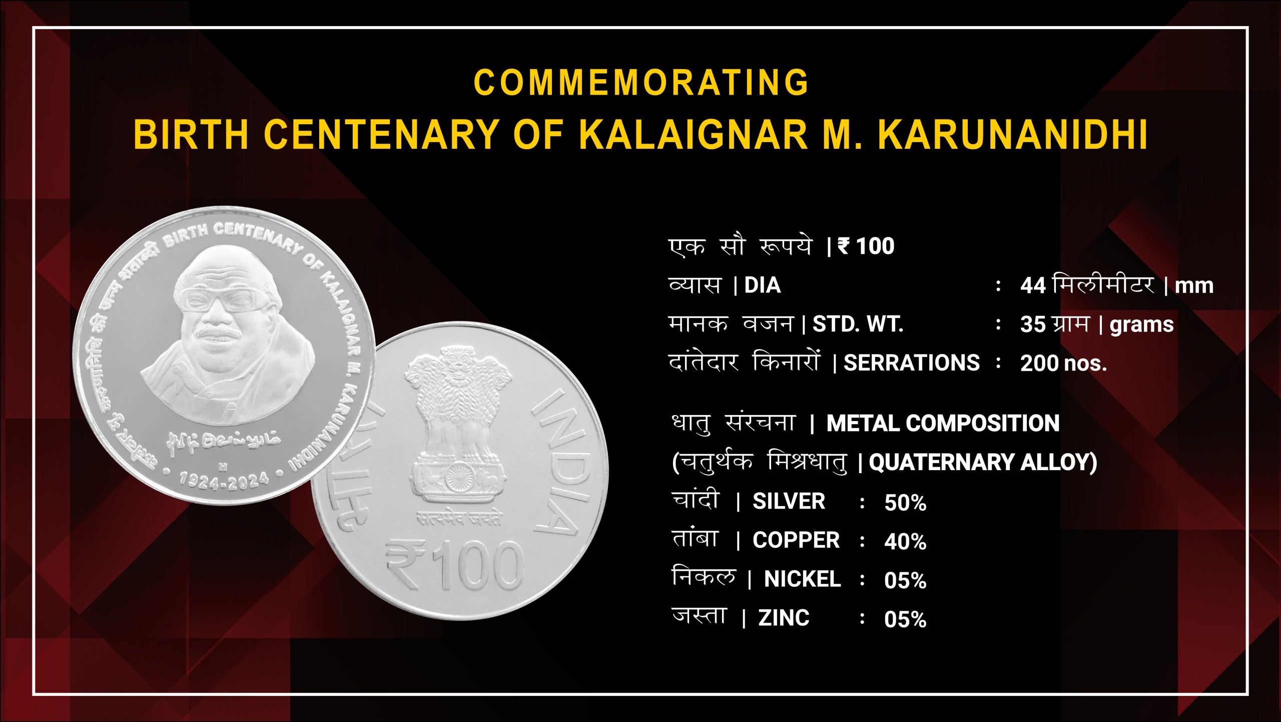100 Rupees - Kalaignar M. Karunanidhi, Silver Coin thumbnail 5
