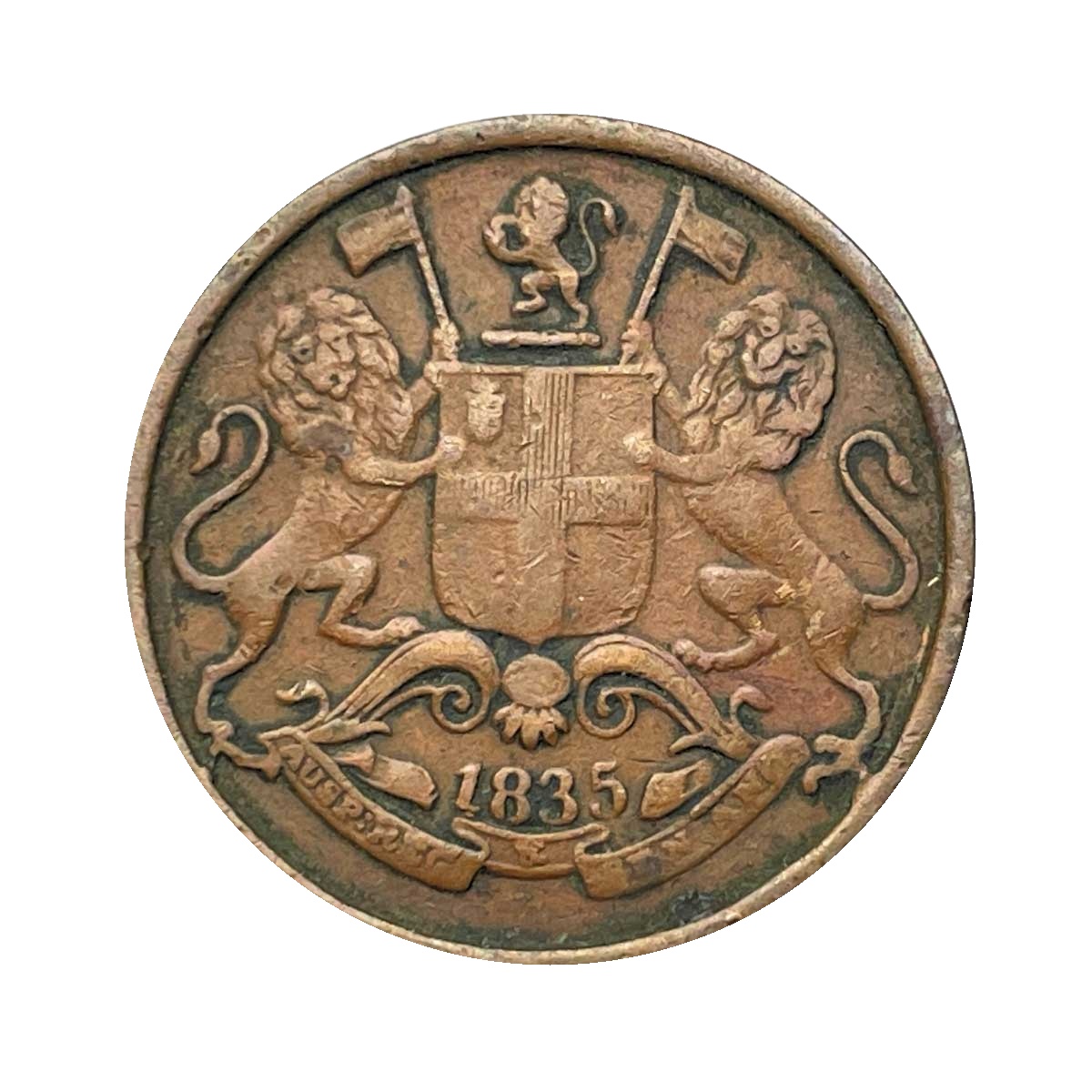 Quarter Anna East India Company 1835 (8L+9R Berries) (Obv A, Rev I) Calcutta Mint Copper Coin, British India Uniform Coinage, Collectible.