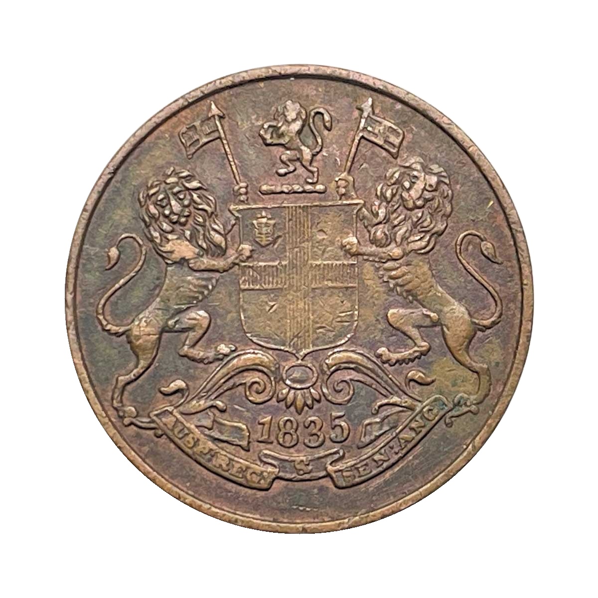 Quarter Anna East India Company 1835 (9L+9R Berries) (Obv A, Rev II) Calcutta Mint Copper Coin, British India Uniform Coinage, Collectible.