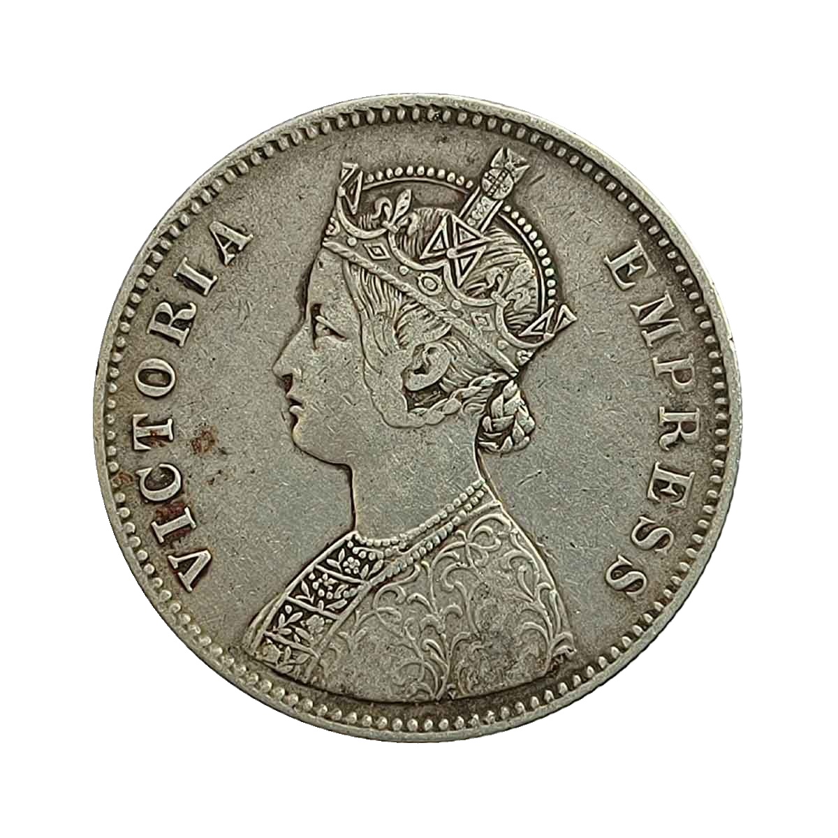 Rare One Rupee Mangal Singh, Victoria Empress 1877 Silver Coin, Princely State of Alwar Coinage, Collectible. thumbnail 2
